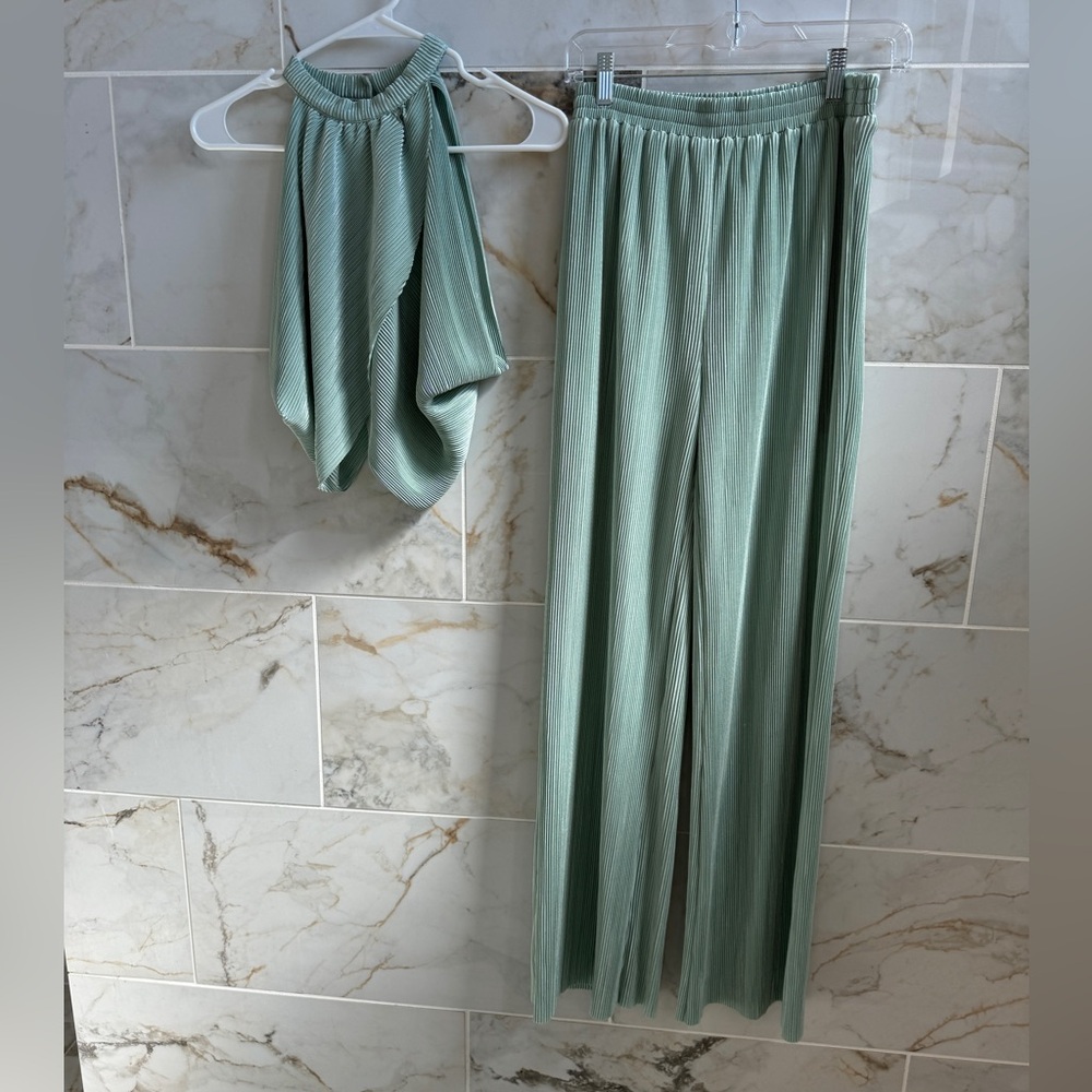 Vici Sage Green Pleated Halter Top & Wide Leg Pants Set